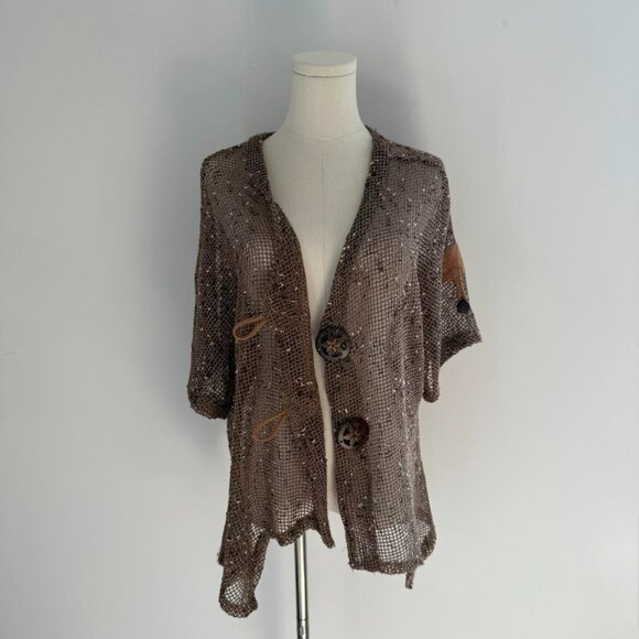 Kaktus Boho Open Weave Sequin Cardigan Brown Crochet Knit | Womens Size Large - Picture 1 of 6